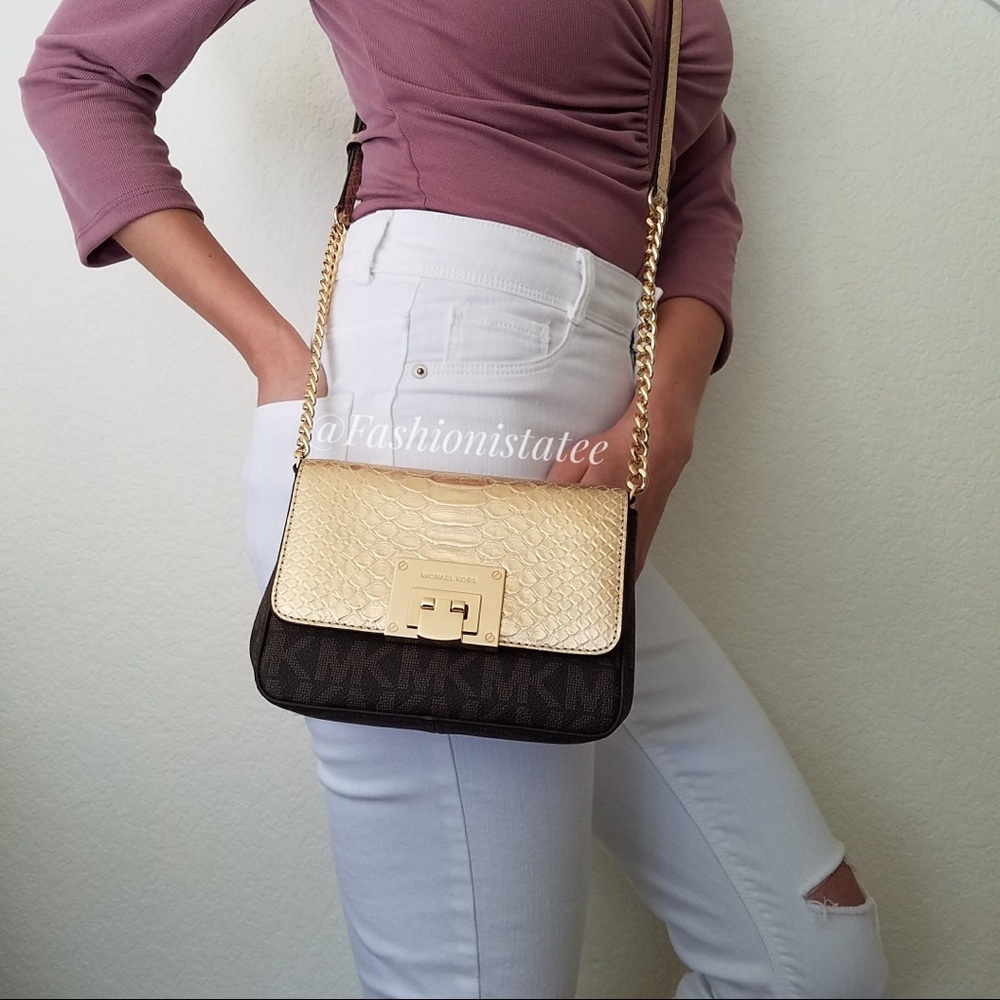 NWT MICHAEL KORS TINA SMALL CLUTCH BROWN CROSSBODY - Picture 4 of 8